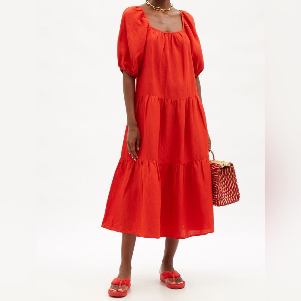SOLID & STRIPED Puff-Sleeve Banded-Lawn Trapeze Dress